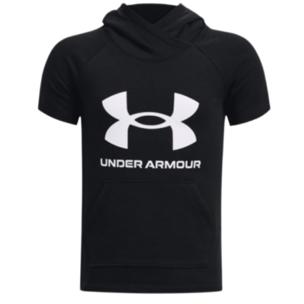UNDER ARMOUR • Black Short Sleeve Hoodie Workout Rival Sweatshirt Athletic